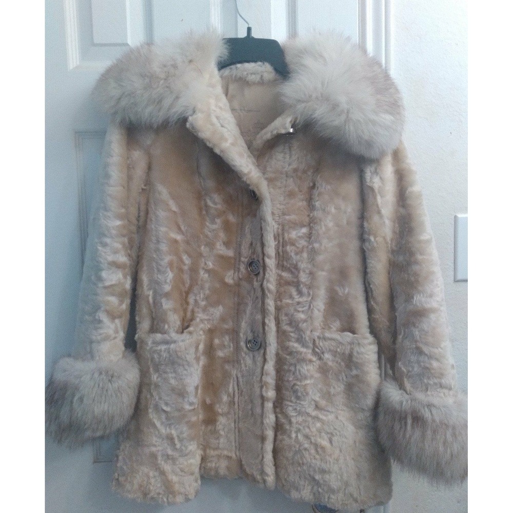 Vintage Faux Fur Coat Fox Collar Cuffs Button Up Beige Winter‎